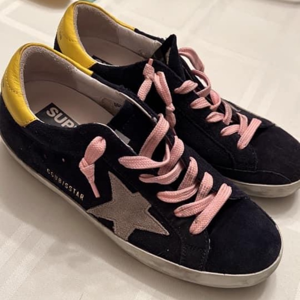 Golden goose GGDB Navy blue superstar sneakers with yellow heel tab, pink laces.